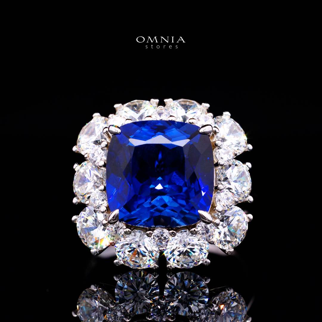 Omnia Hinza Blue Cushion Cut Ring With High Quality Certified Lab Crafted Stones In 925 Silver