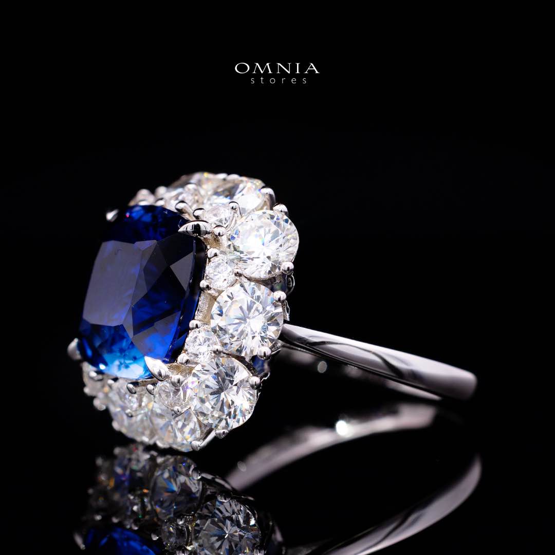 Omnia Hinza Blue Cushion Cut Ring With High Quality Certified Lab Crafted Stones In 925 Silver