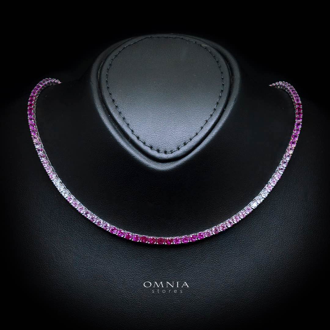 Omnia Saleen Pink 3mm Tennis Necklace 42cm in 925 Silver High Quality Simulated diamonds