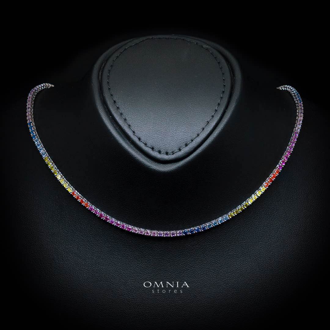 Omnia Saleen Multi-Colored Tennis Necklace 2.5mm in 92.5 Silver with High-Quality Simulated Diamonds