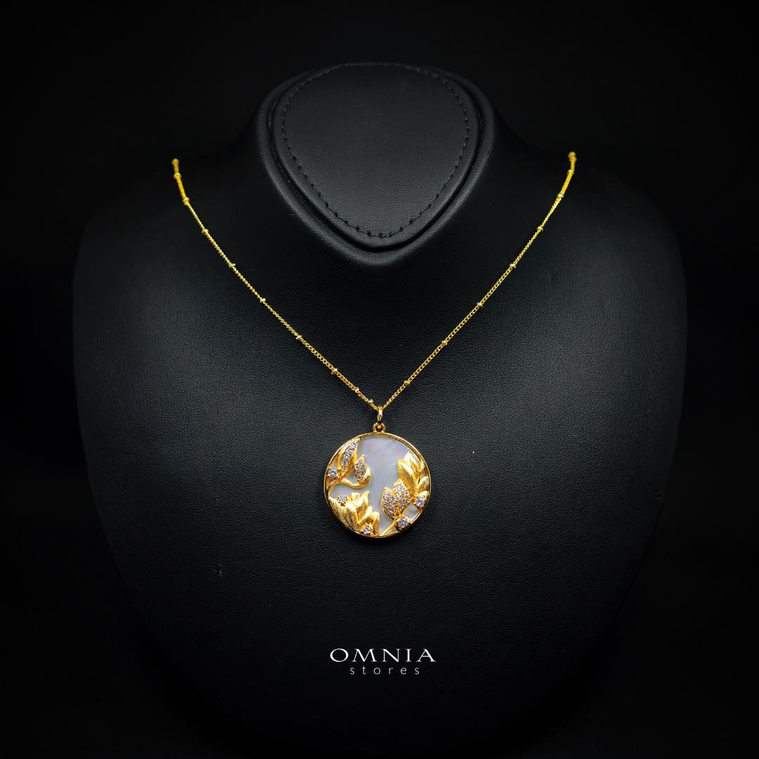 Omnia Aurelia White Shell Mother of Pearl Round Pendant Necklace with Floral Zircon Accents in Brass with Gold Plated Finish