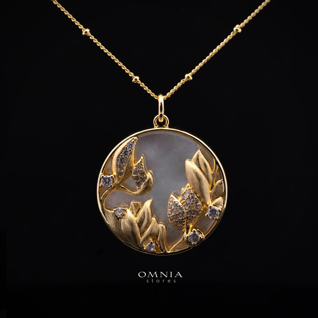 Omnia Aurelia White Shell Mother of Pearl Round Pendant Necklace with Floral Zircon Accents in Brass with Gold Plated Finish