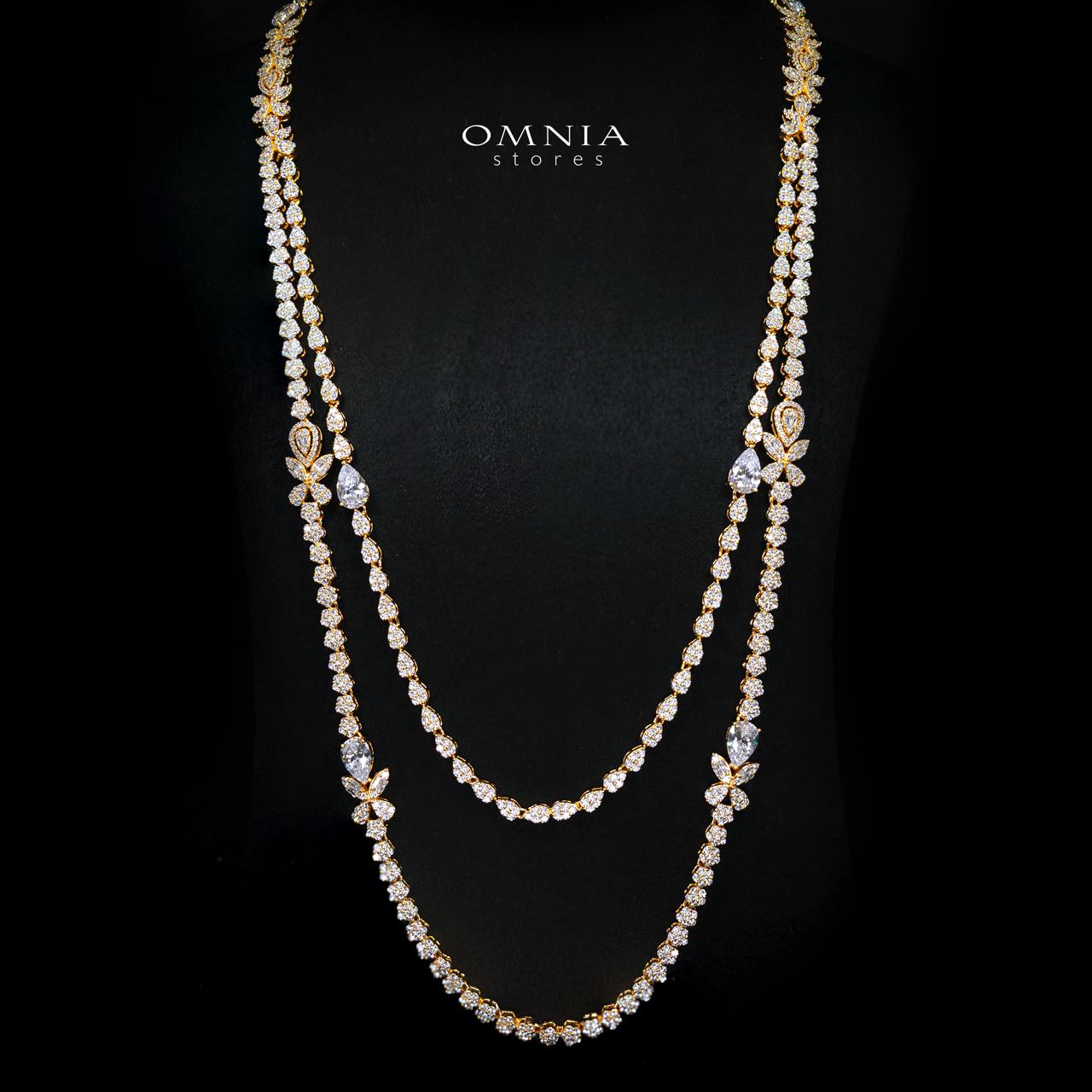 Omnia Yaza Bridal Gold Long chain Set High Quality Zircon Stone In Rhodium Plated