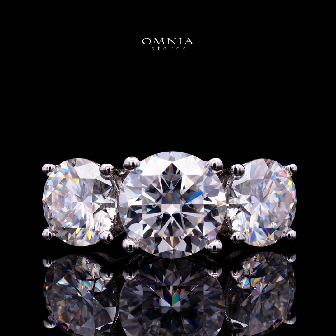 Savannah White Moissanite Three-Stone Ring – RD 8mm (2ct) Center with RD 6.5mm (1ct) Side Stones, Rhodium-Plated 925 Sterling Silver