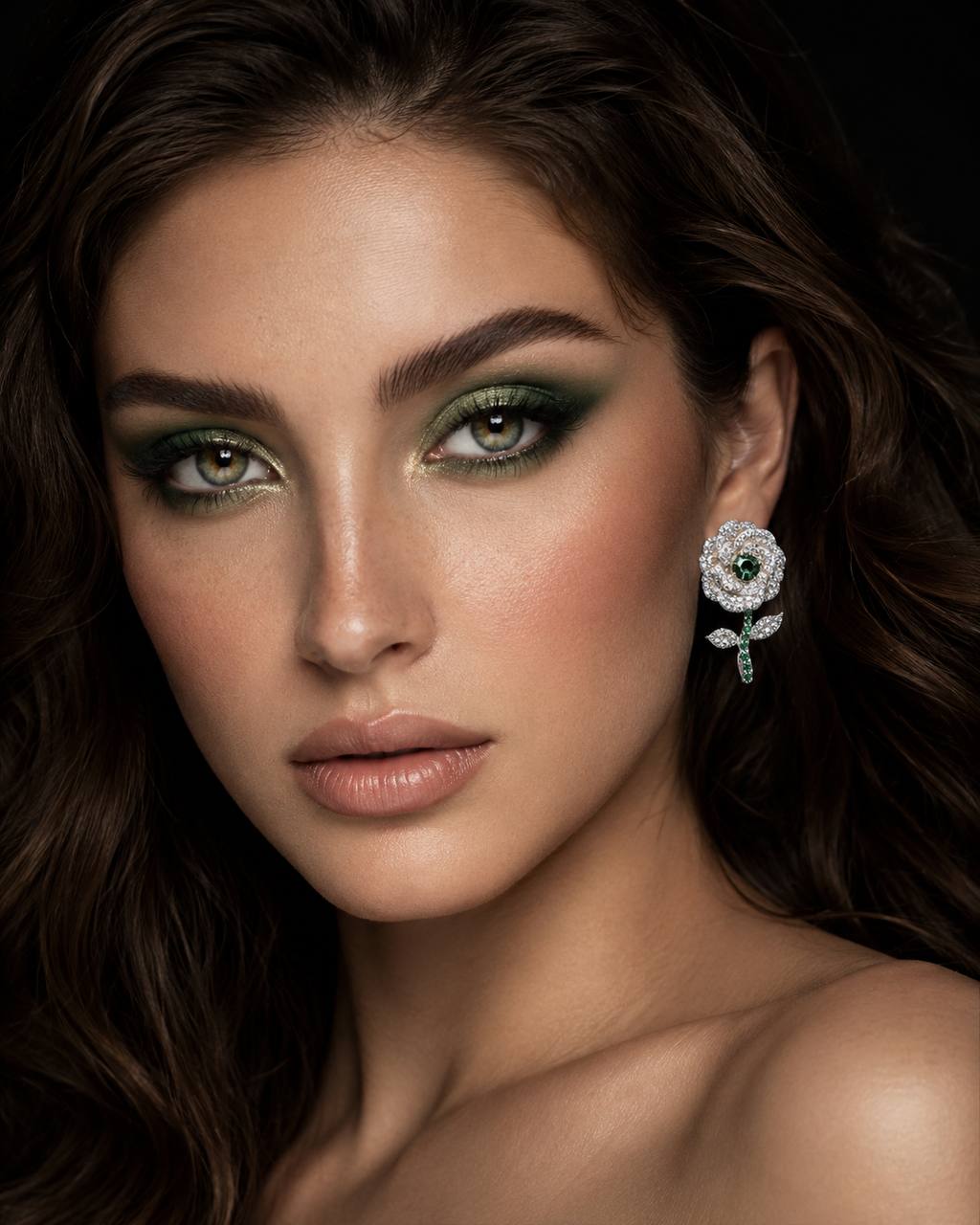 Omnia Rena White and Green Clip Earrings With High Quality Simulated Diamonds in 925 Silver