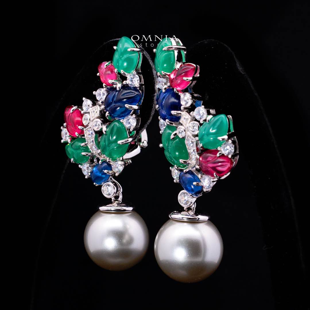 Omnia Leila Multicolor Floral Design Double Pearl Drop Earrings in 925 Silver with High-Quality Simulated Diamonds