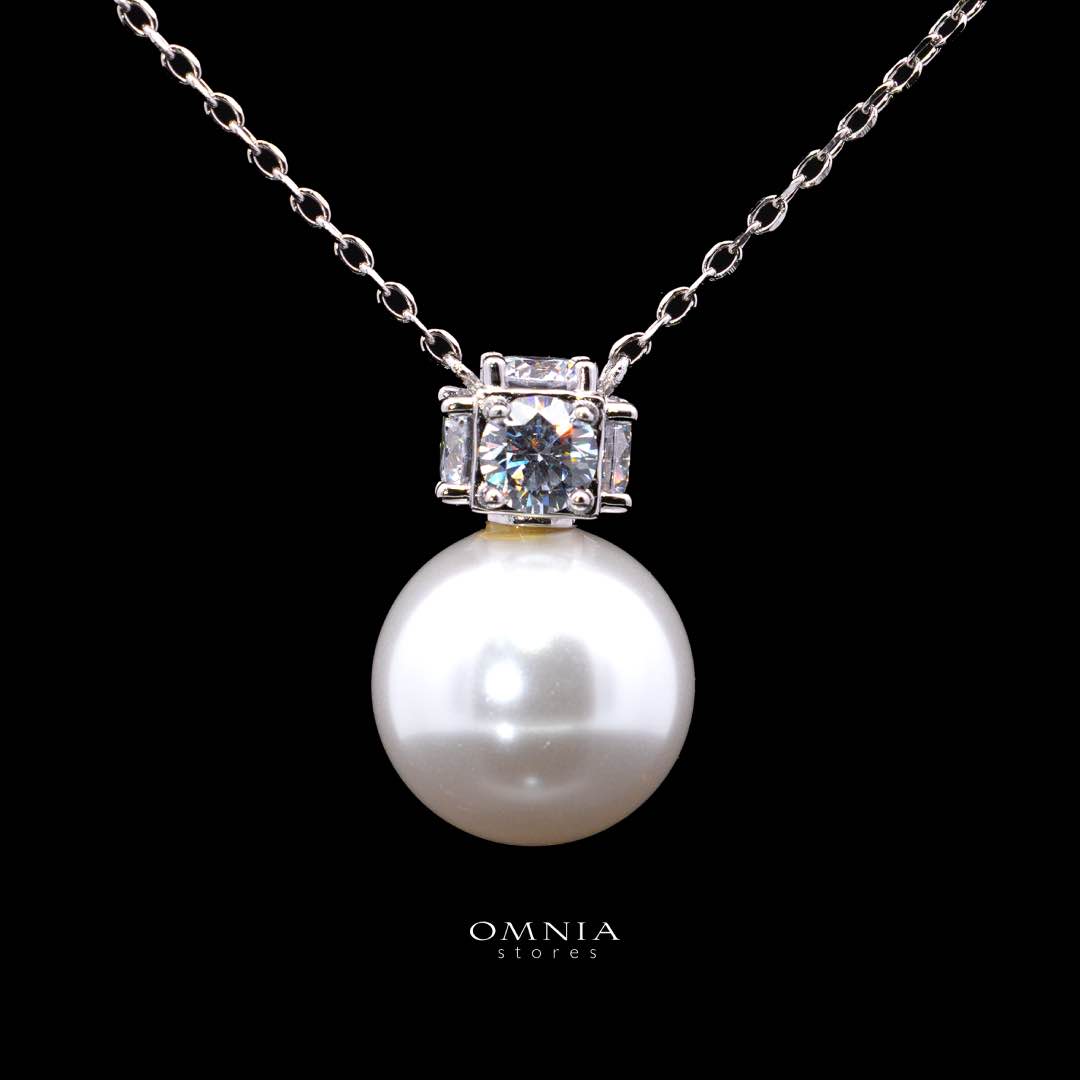Omnia Belle White Pearl Necklace In 925 Silver High Quality Simulated Diamonds