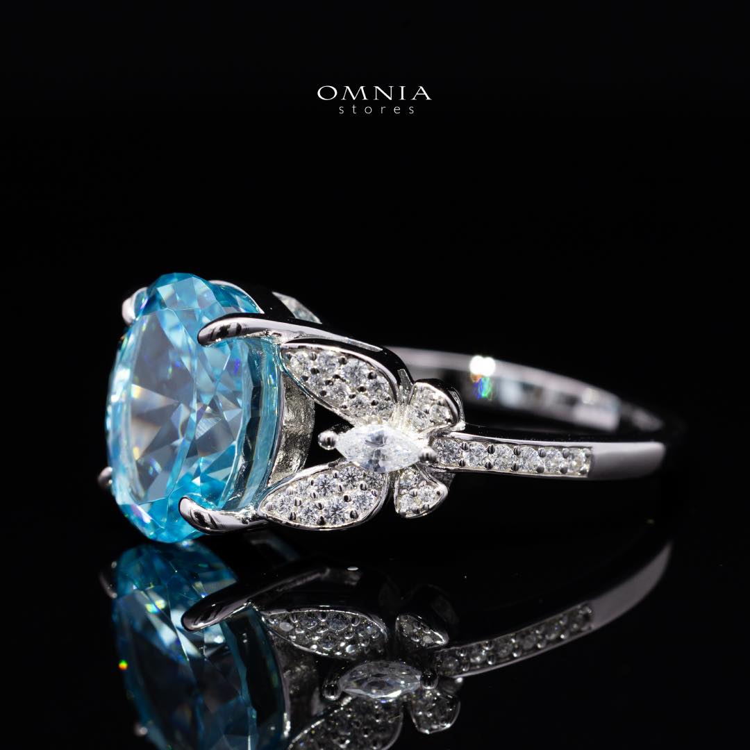 Omnia Maysun Baby Blue Oval Ring in 925 Silver with Simulated Diamonds