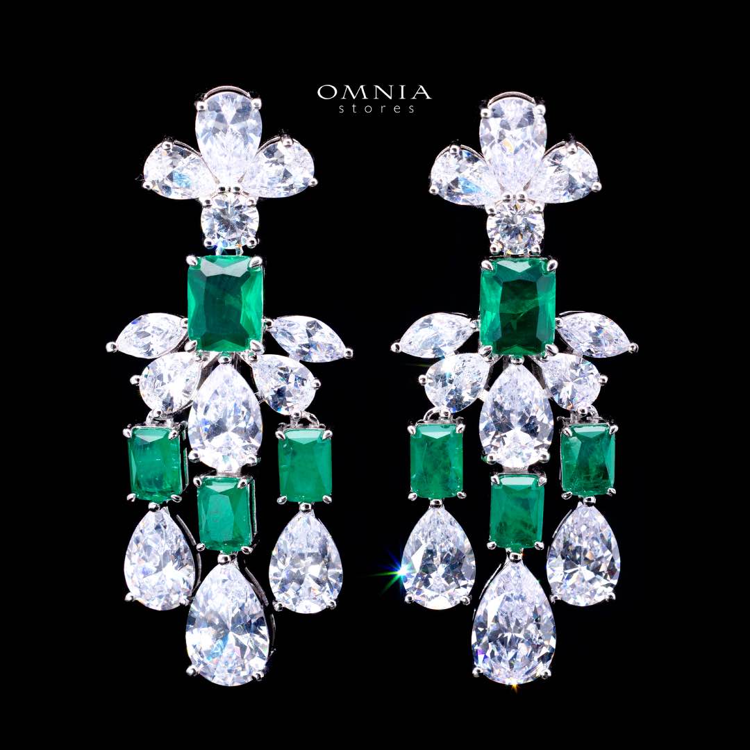 Omnia Ranim White and Green Floral Drop Earrings With High Quality Simulated Diamonds In 925 Silver
