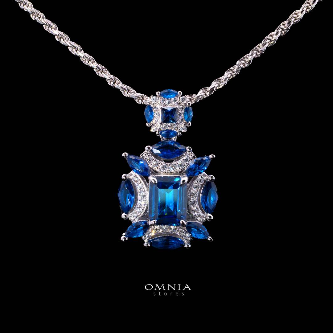 Omnia Aliz White and Blue Pendant Necklace With High Quality Simulated Diamonds In 925 Silver