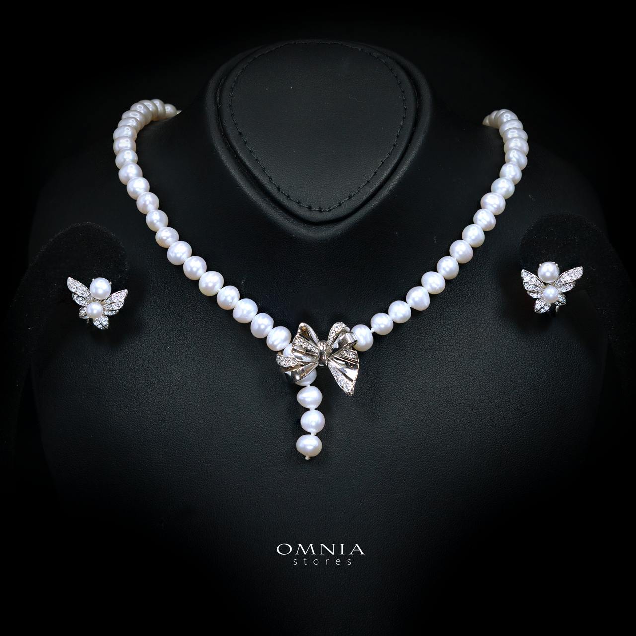 Elhamira Pearl Necklace and Earrings Set with High-Quality Premium Simulated Diamonds in 925 Sterling Silver