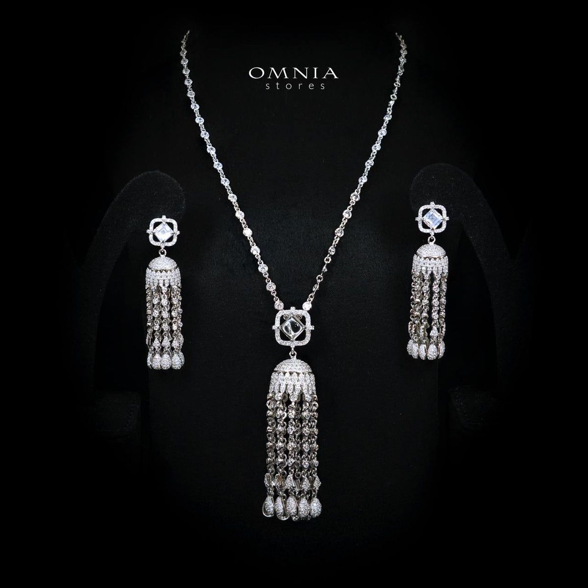 Emaniya White Long Chain Necklace and Earring Set with High-Quality Premium Simulated Diamonds in 925 Sterling Silver
