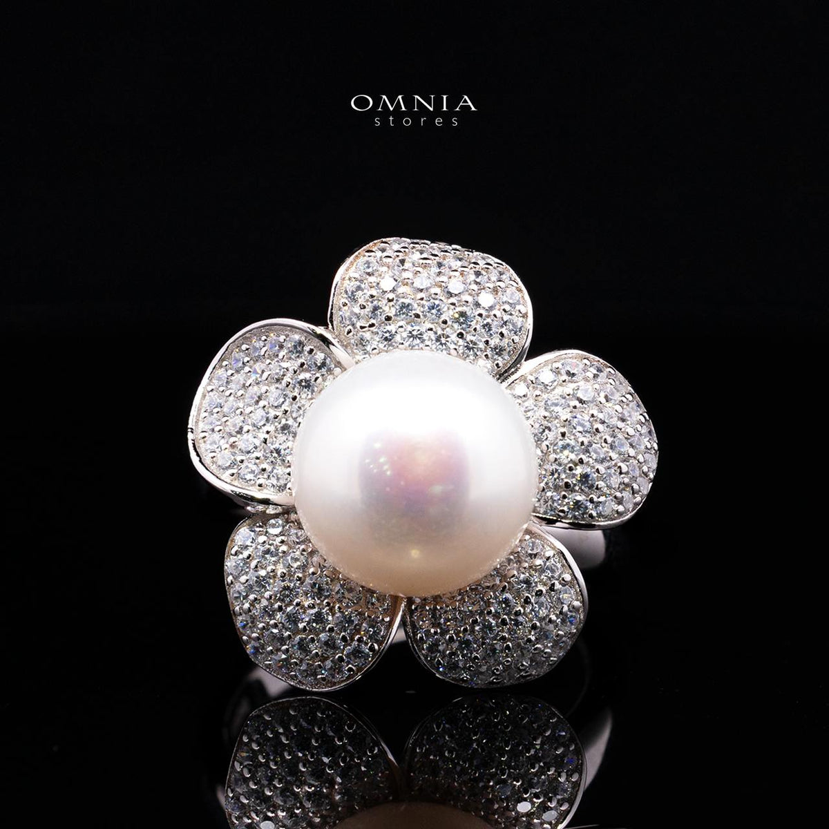 Omnia Najaah Floral Fresh Water Pearl Ring in 925 Silver In High Quality Simulated Diamonds
