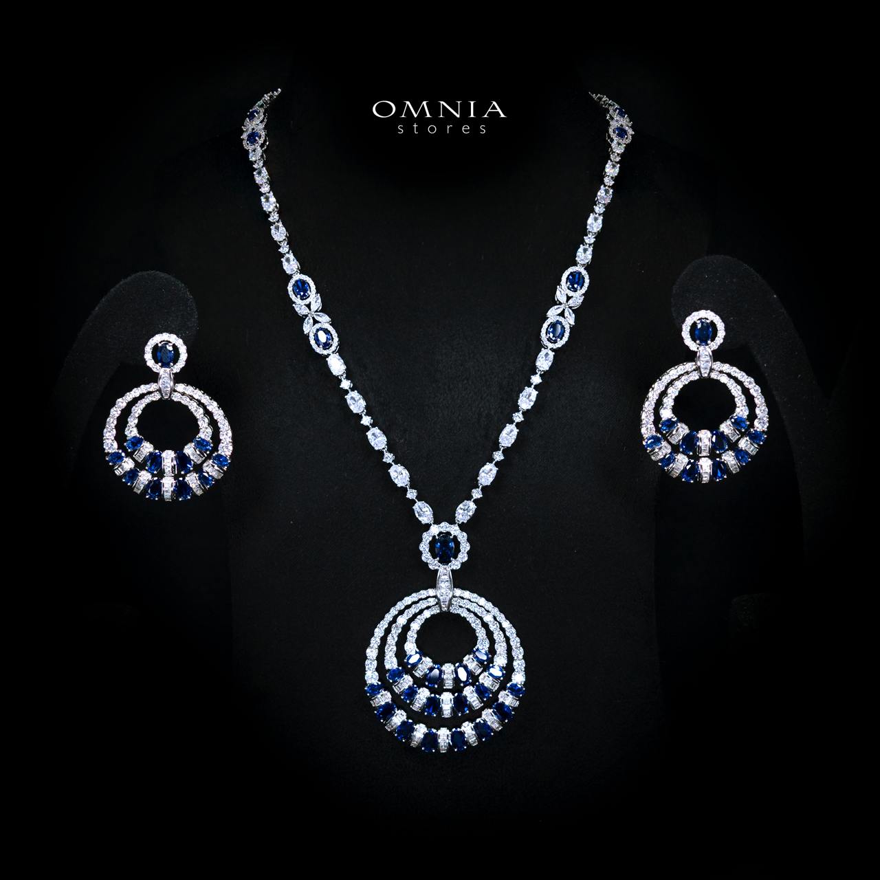 Selestine Blue Long Chain Necklace and Earring Set with High-Quality Simulated Diamonds and Rhodium Plating