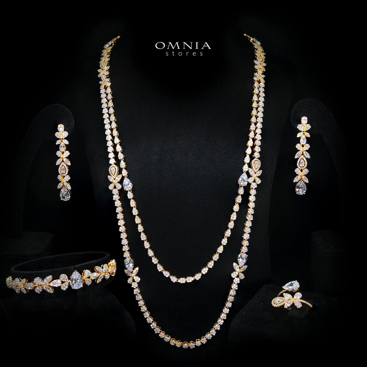 Omnia Yaza Bridal Gold Long chain Set High Quality Zircon Stone In Rhodium Plated