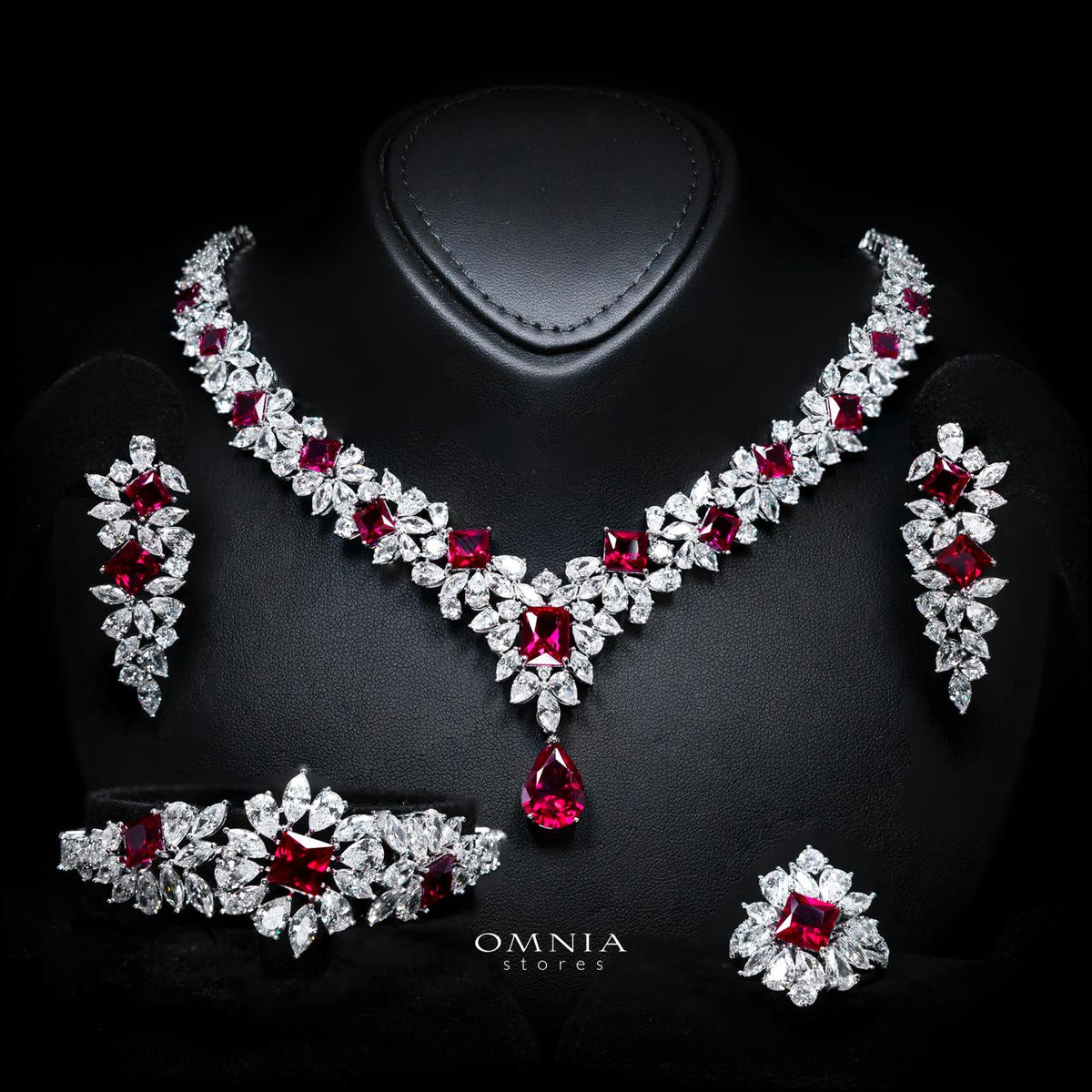 Christine Red Luxury Bridal Full Set with High-Quality Simulated Diamonds – Rhodium Plated