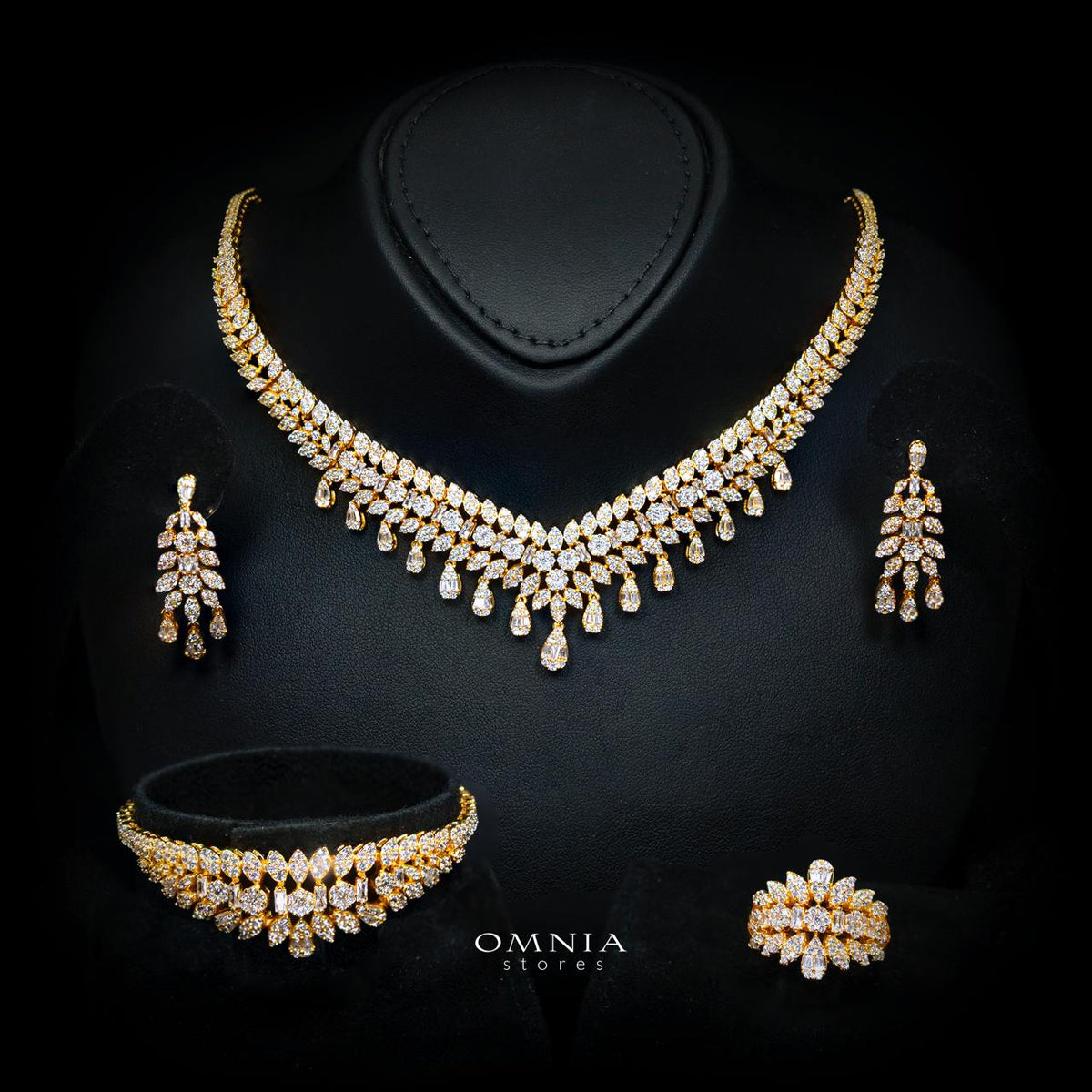 Omnia Sima Gold Luxury Bridal Full Set in High Quality Zircon Stone Rhodium Plated