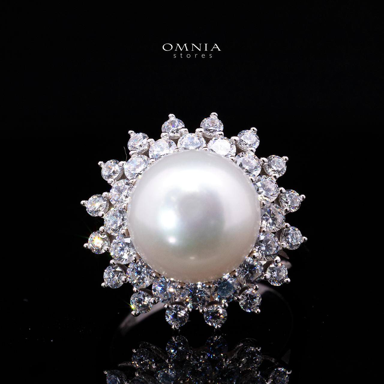 Tasneema Pearl Ring with High-Quality Premium Simulated Diamonds in 925 Sterling Silver