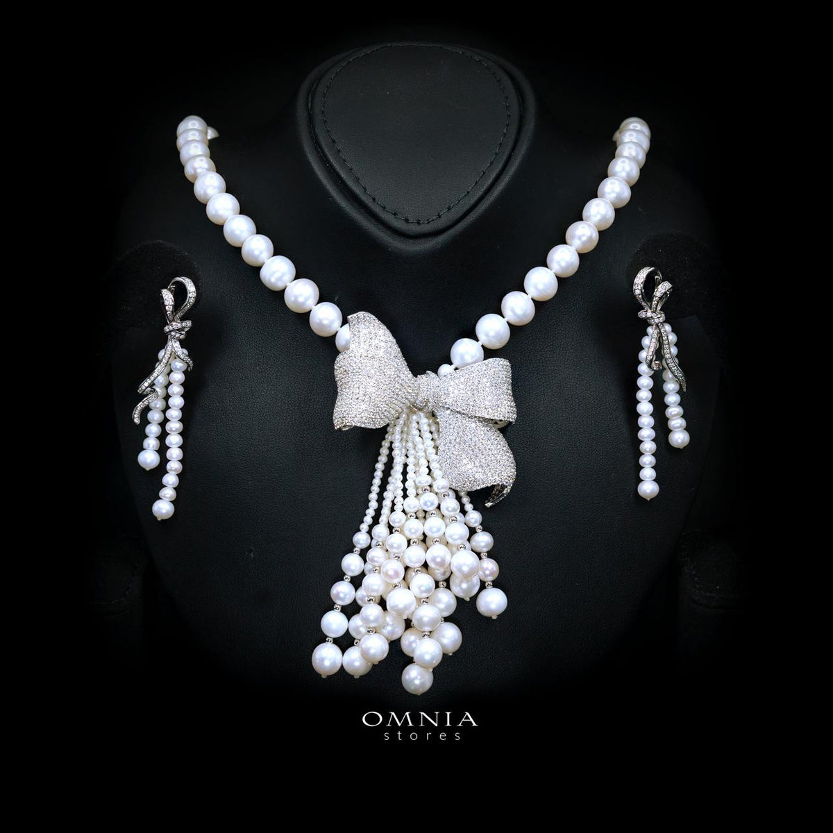 Mahzuna Pearl Necklace and Earrings Set with High-Quality Premium Simulated Diamonds in 925 Sterling Silver