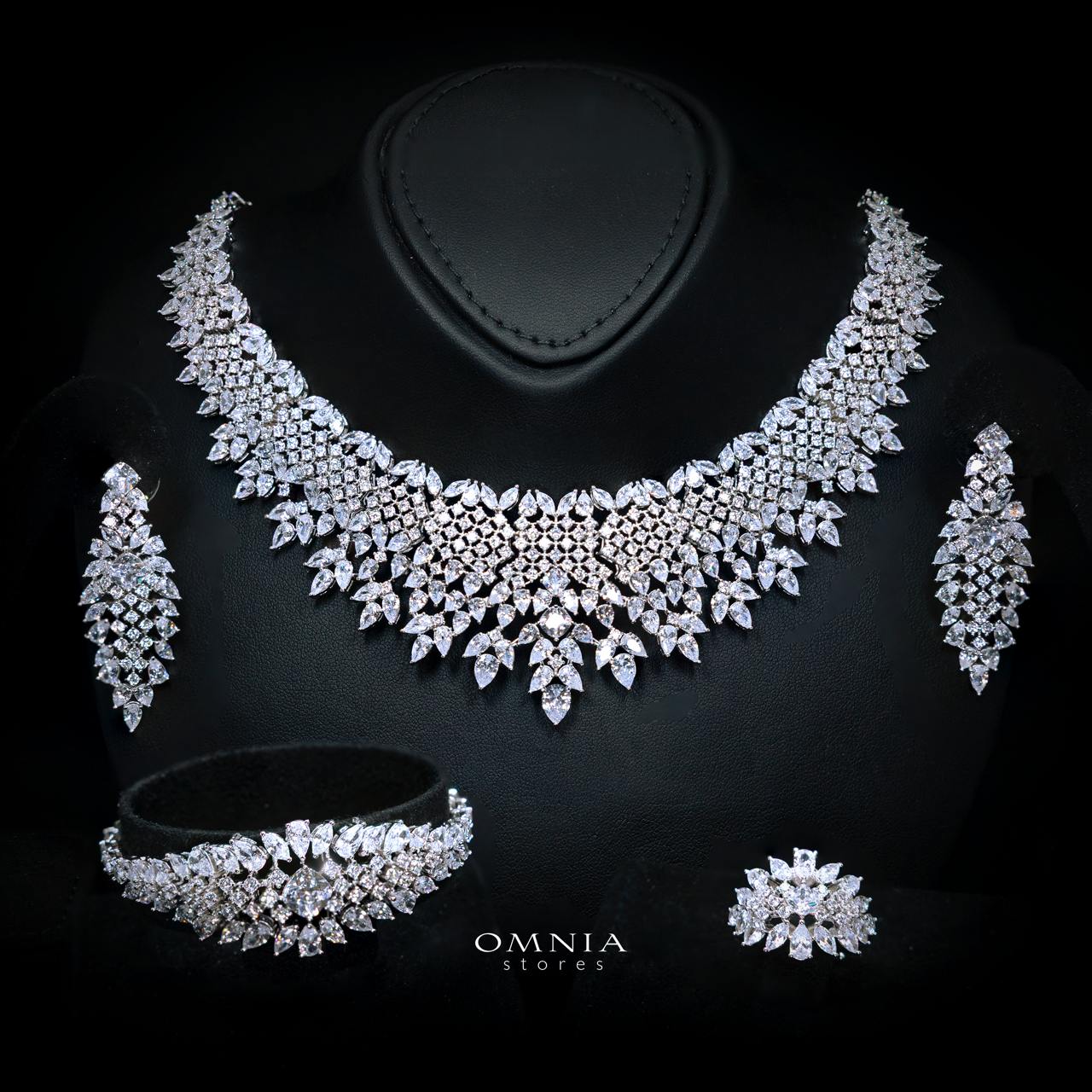 Olenna White Luxury Bridal Full Set with High-Quality Simulated Diamonds, Rhodium Plated