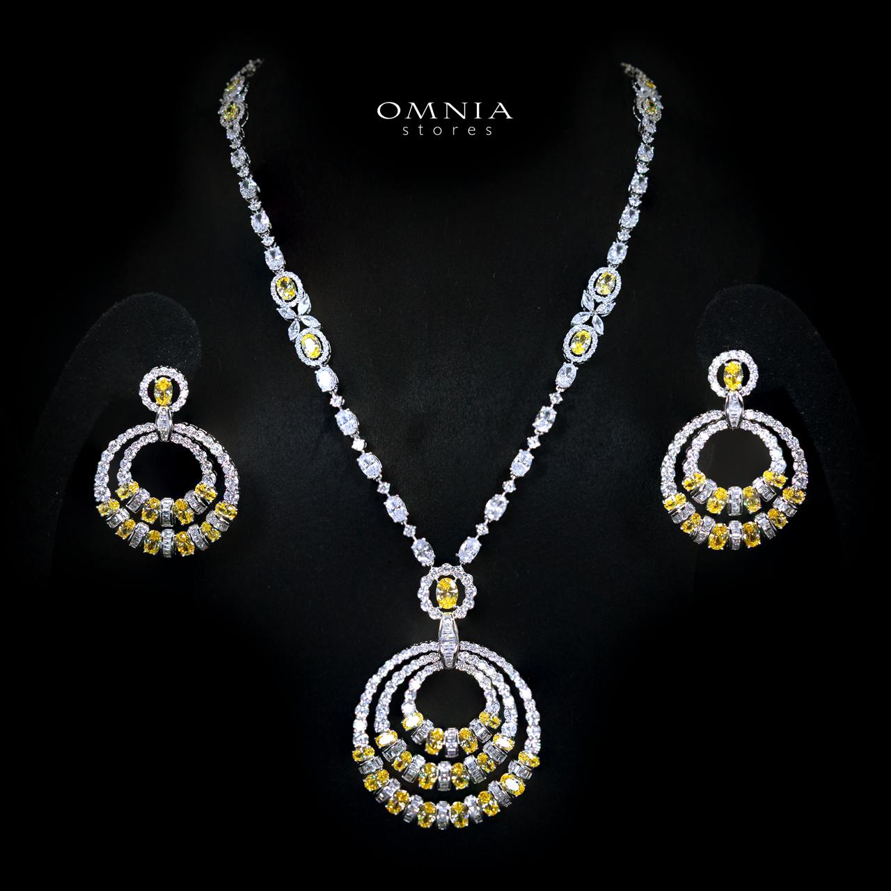 Selestine Yellow Long Chain Necklace and Earring Set with High-Quality Simulated Diamonds and Rhodium Plating