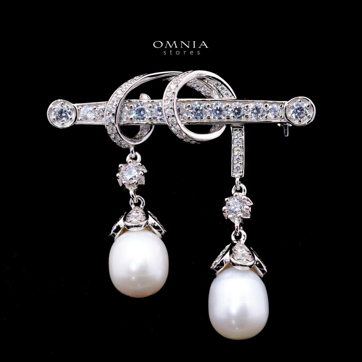 Ahney Drop Pearl Brooch with High-Quality Simulated Diamonds in 925 Sterling Silver