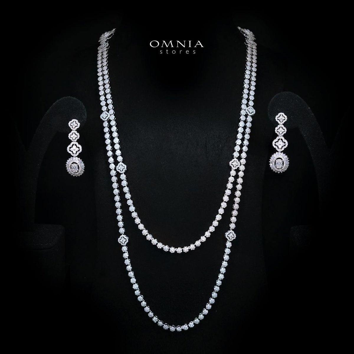 Ismeria White Long Chain Necklace and Earring Set with High-Quality Simulated Diamonds and Rhodium Plating
