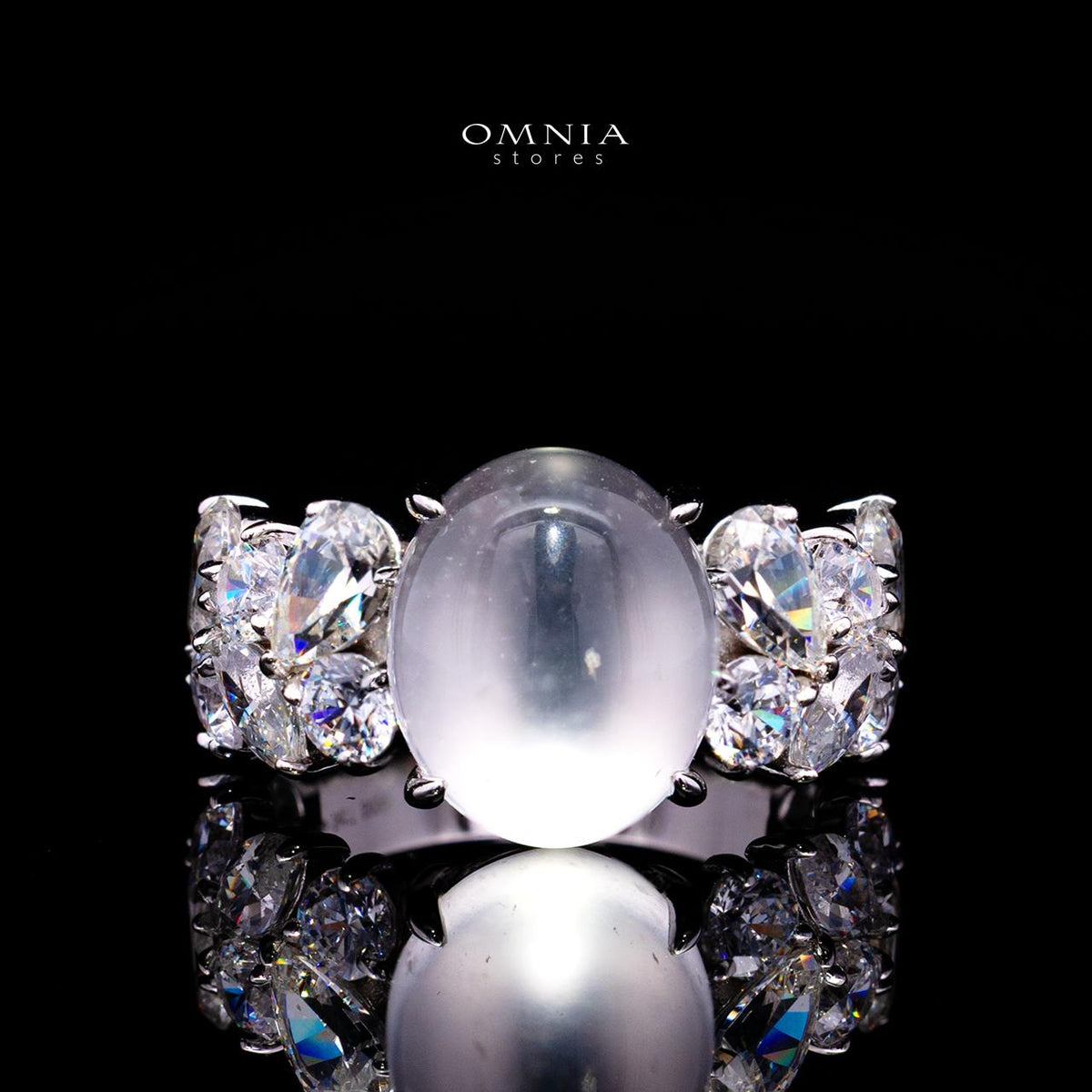 Bela Moonstone Ring with Certified Premium Simulated Diamonds in 925 Sterling Silver