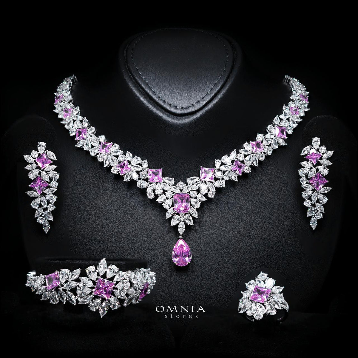 Christine Pink Luxury Bridal Full Set with High-Quality Simulated Diamonds – Rhodium Plated