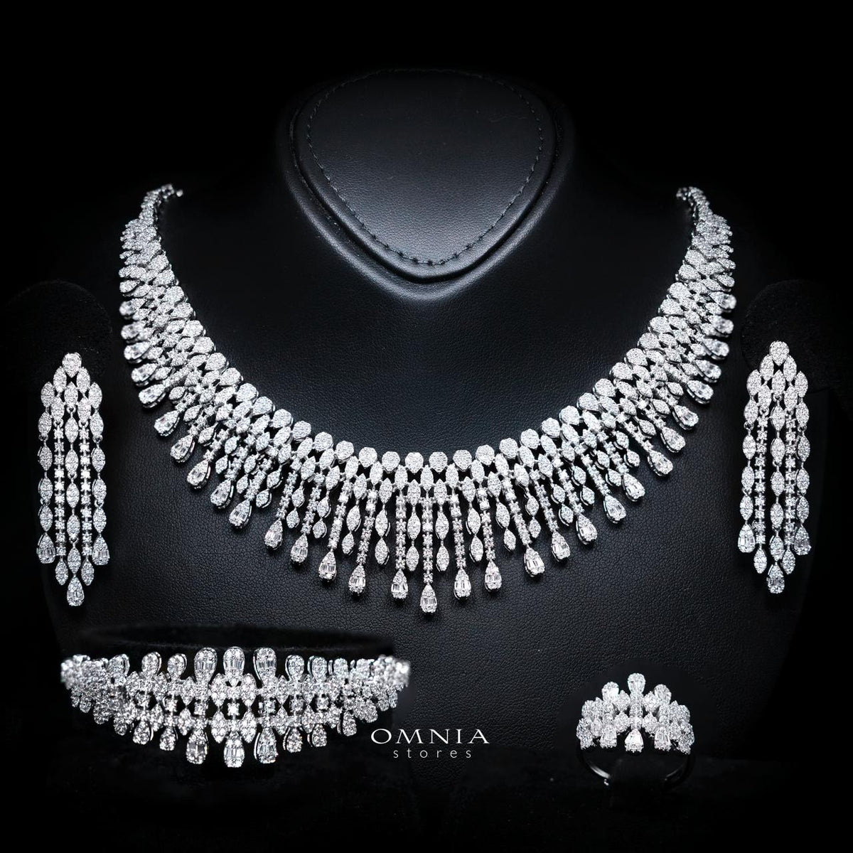 Sabriyya Royal White Fringe Drop Bridal Full Set with Premium Zircon Stones, Rhodium-Plated Finish