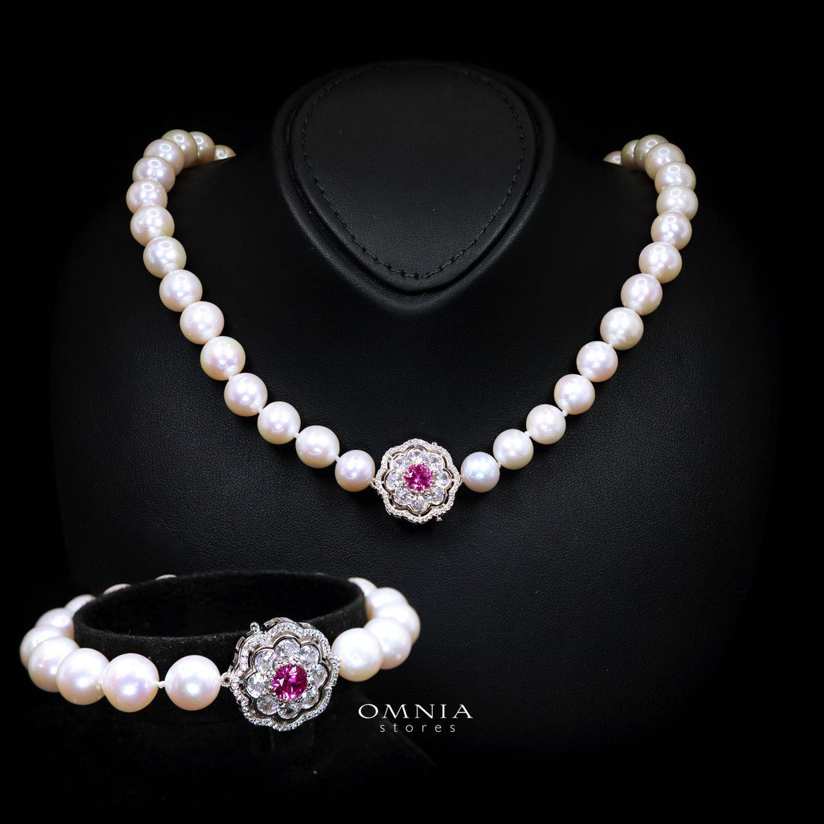 Omnia Ameenah Fresh Real Water Pearl Necklace and Bracelet Set in 925 Silver Accessories High Quality Simulated Diamonds