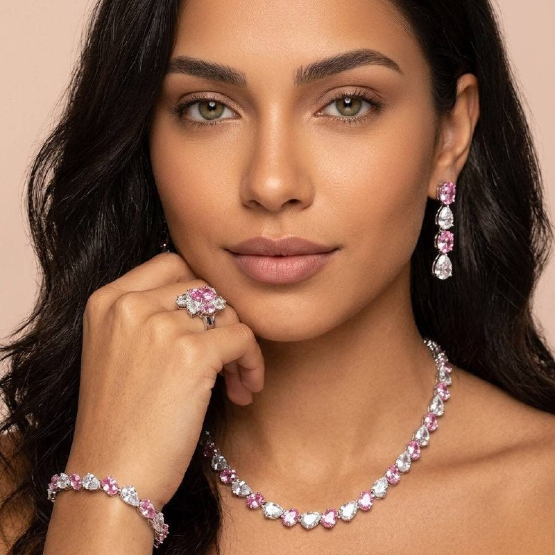 Omnia Lamia White And Pink Bridal Full Set with High-Quality Simulated Diamonds Rhodium Plated