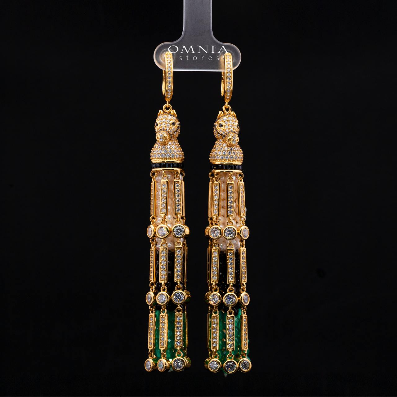 Omnia Vania Multi-Color Gold-Plated Horse Design Long Chain Necklace & Drop Earrings Set in 925 Silver with High-Quality Simulated Diamonds