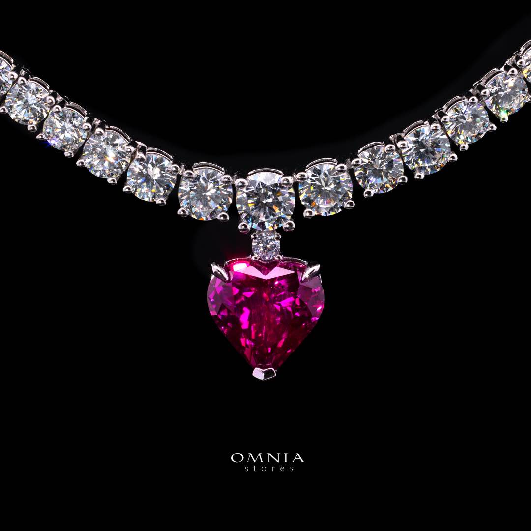 Omnia Zohra White and Red Heart Shape Pendant Necklace In 925 Silver High Quality Certified Lab Crafted Stones