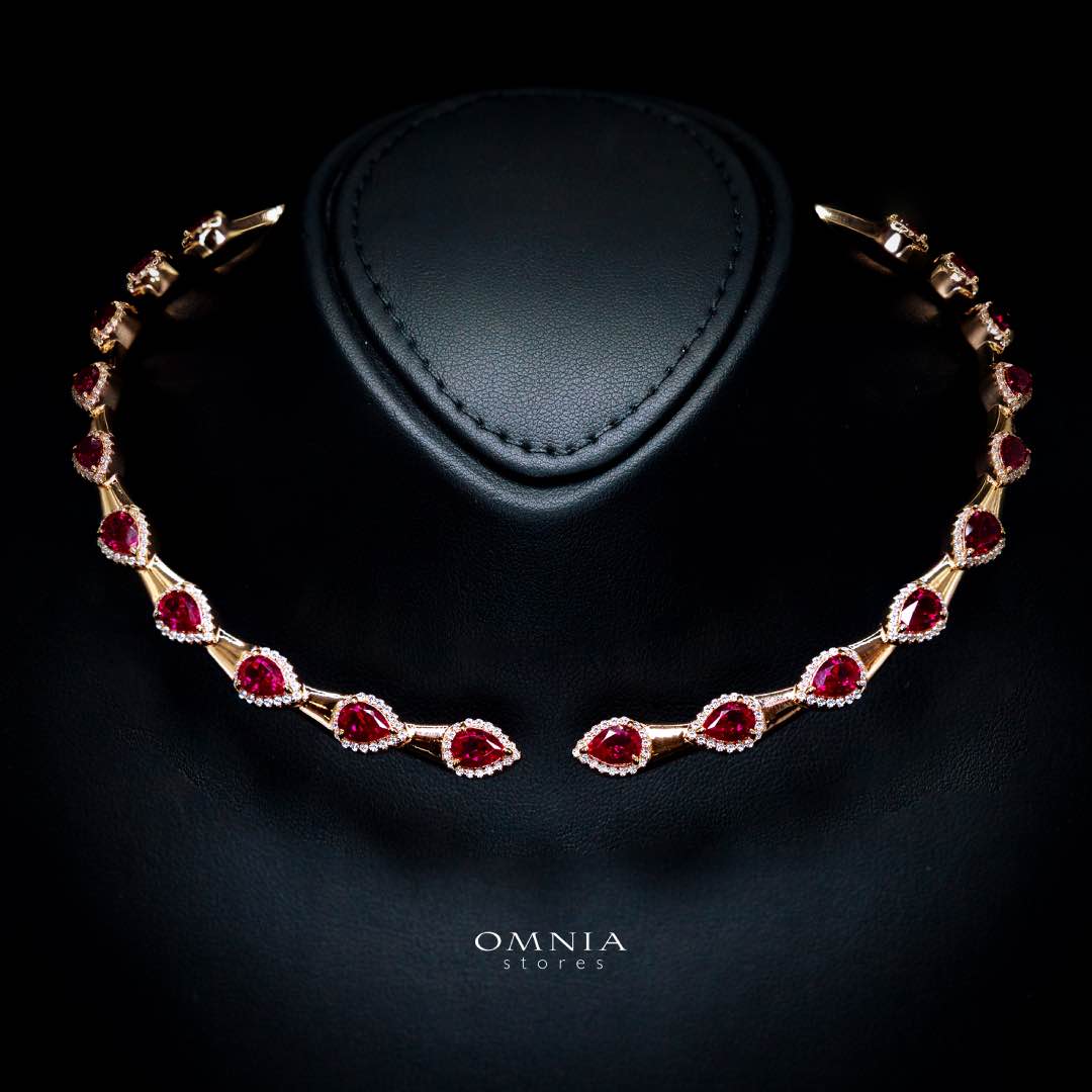 Omnia Isha Rose Gold and Red Choker Necklace With Certified High Quality Lab Crafted Stones In 925 Silver