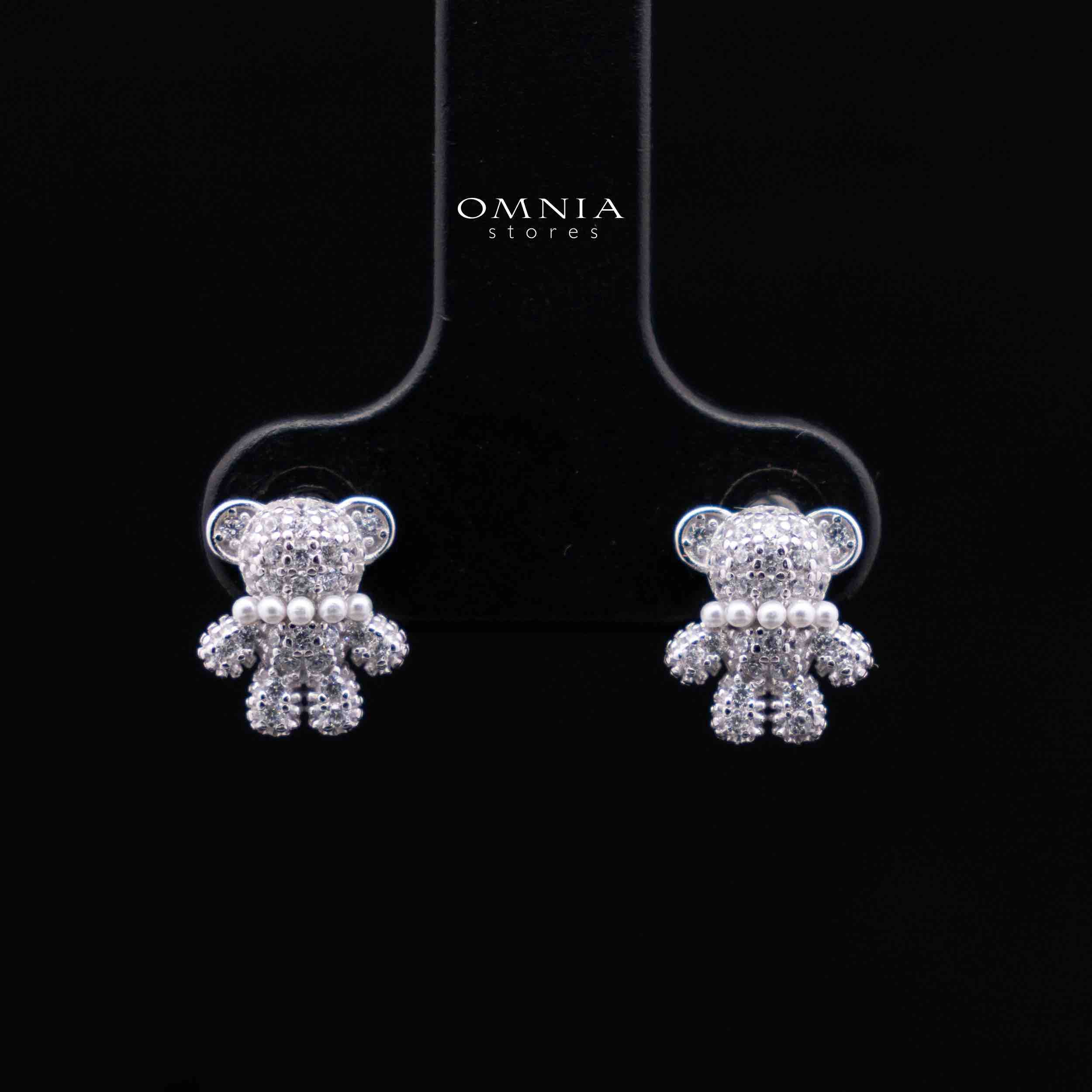 Nifla White Stacked Teddy Bear Design Silver Necklace and Earrings Set in 925 Silver with High-Quality Premium Zircon Stones