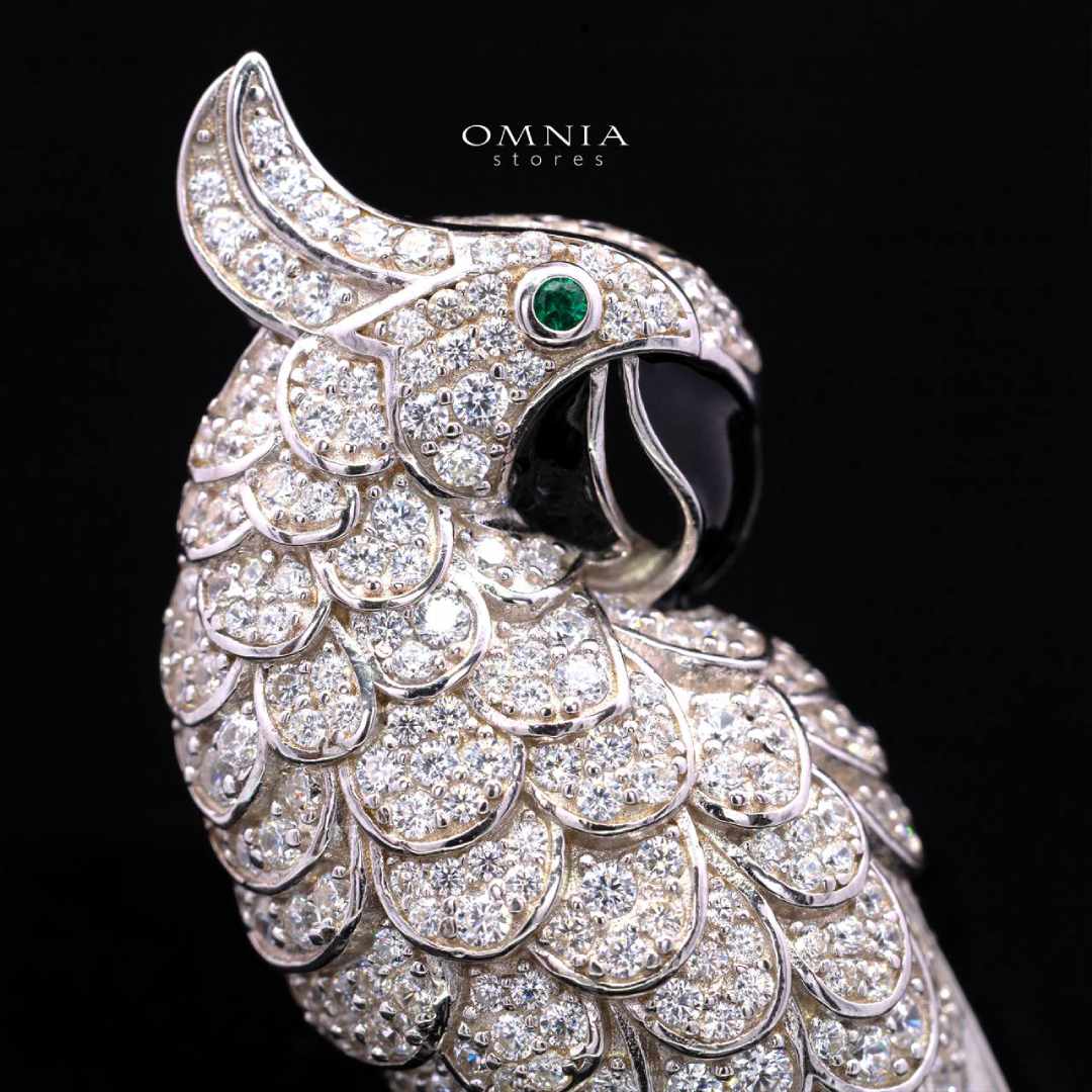 Omnia Najeeba White Pearl Bird Silver Brooch in 925 Silver In High Quality Simulated Diamonds