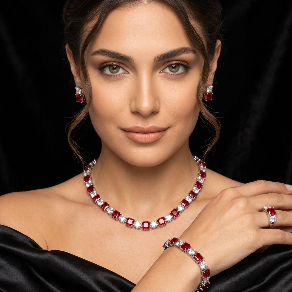 طقم زفاف كامل أومنيا علياء باللونين الأحمر والأبيض مطلي بالروديوم ومرصع بالألماس الصناعي عالي الجودة