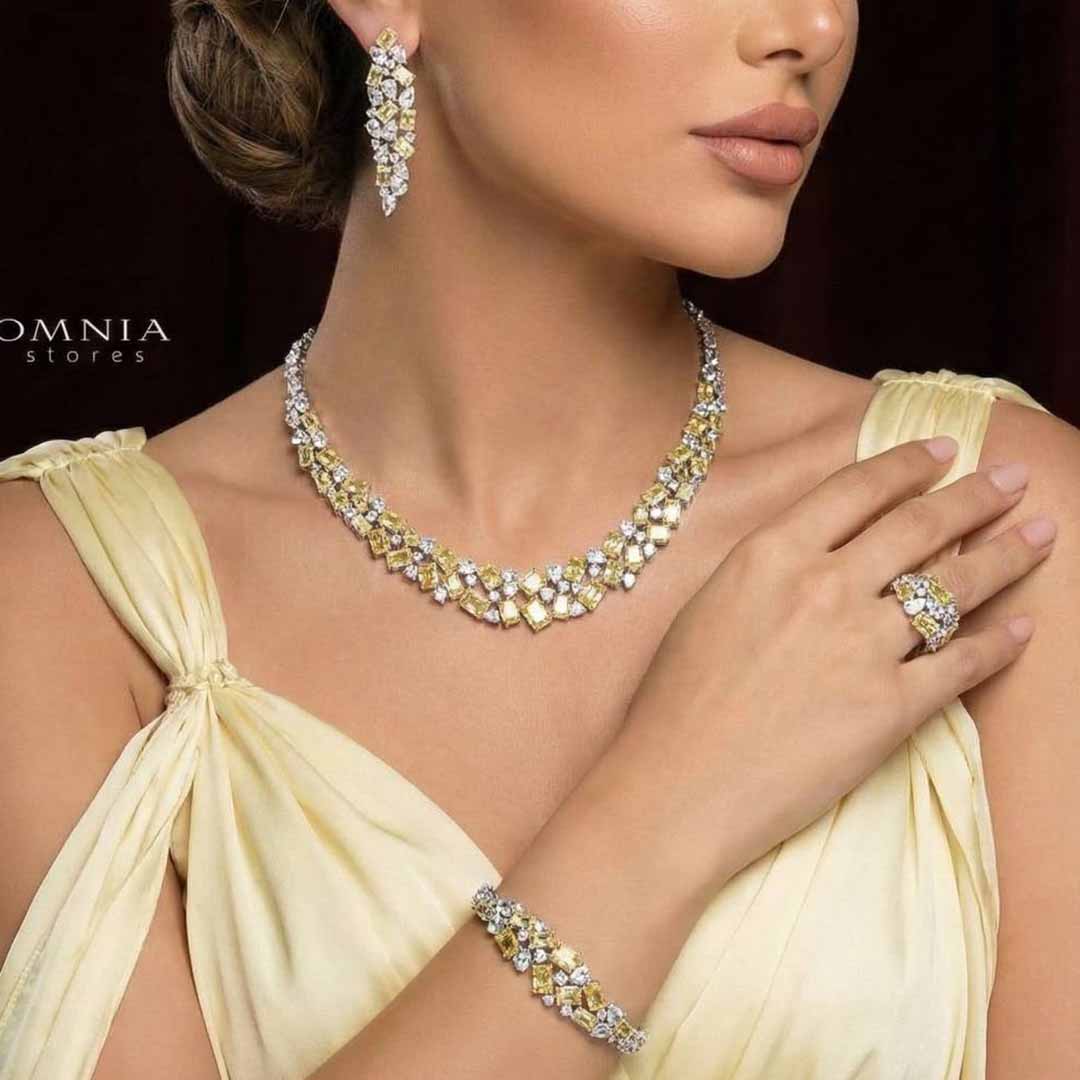 طقم الزفاف الكامل أمنية أنستازيا الأصفر من حجر الزركون عالي الجودة والمطلي بالروديوم