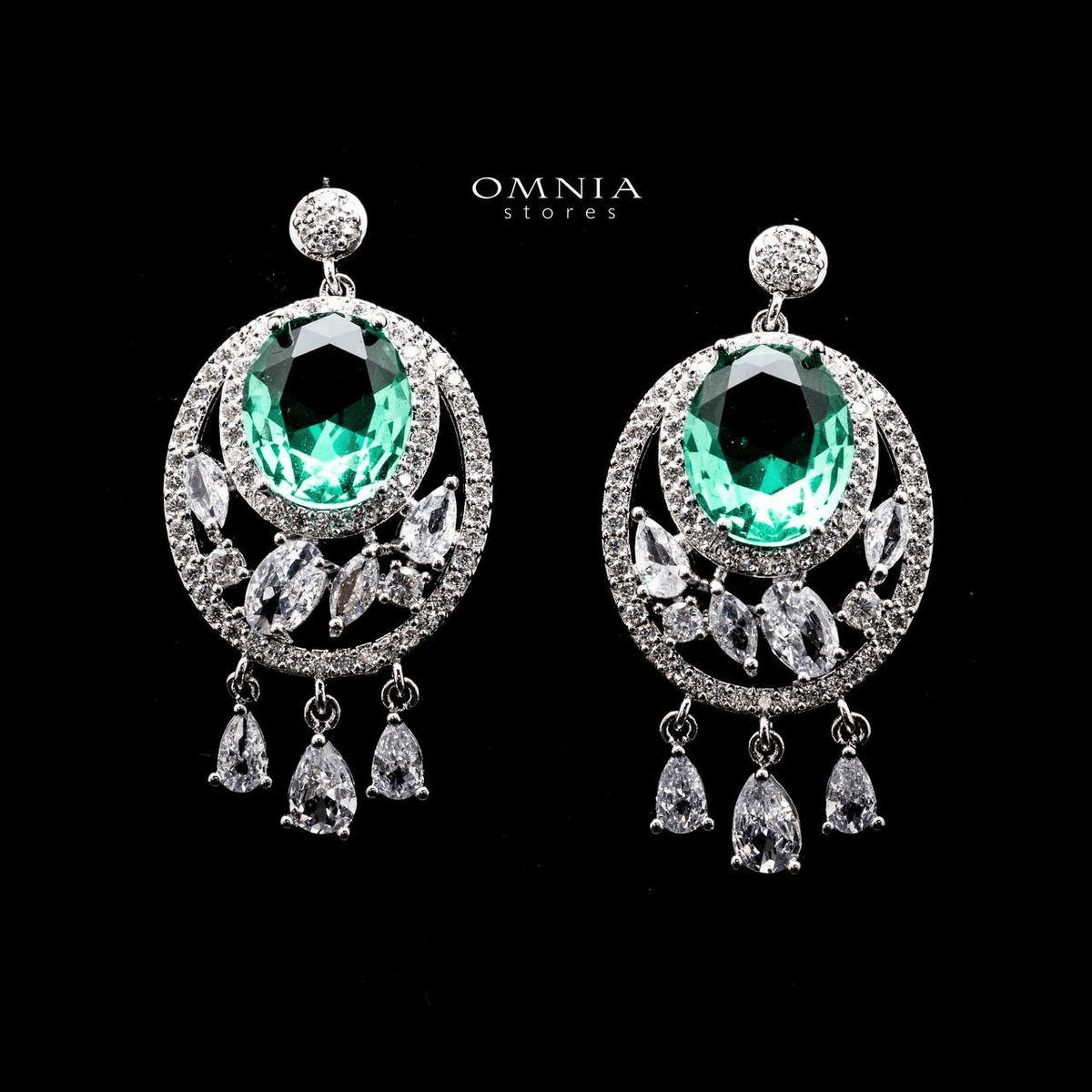 Omnia Rola Emerald Drop Earrings with White Zircon Accents in High Quality Rhodium Plated - OMNIASTORES UAE