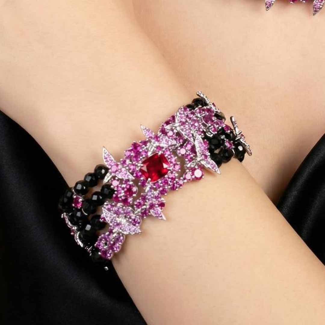 Omnia Blossom Black Beads Bracelet in 925 Silver with High Quality Simulated Diamonds - OMNIASTORES UAE