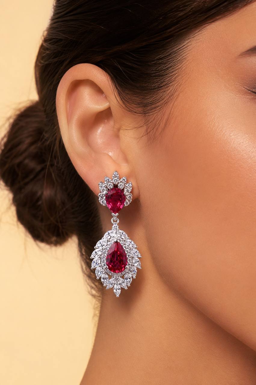 Carolina Lab-Grown Red Ruby Earrings with GRC Certificate, Pear 6×9mm in 925 Sterling Silver