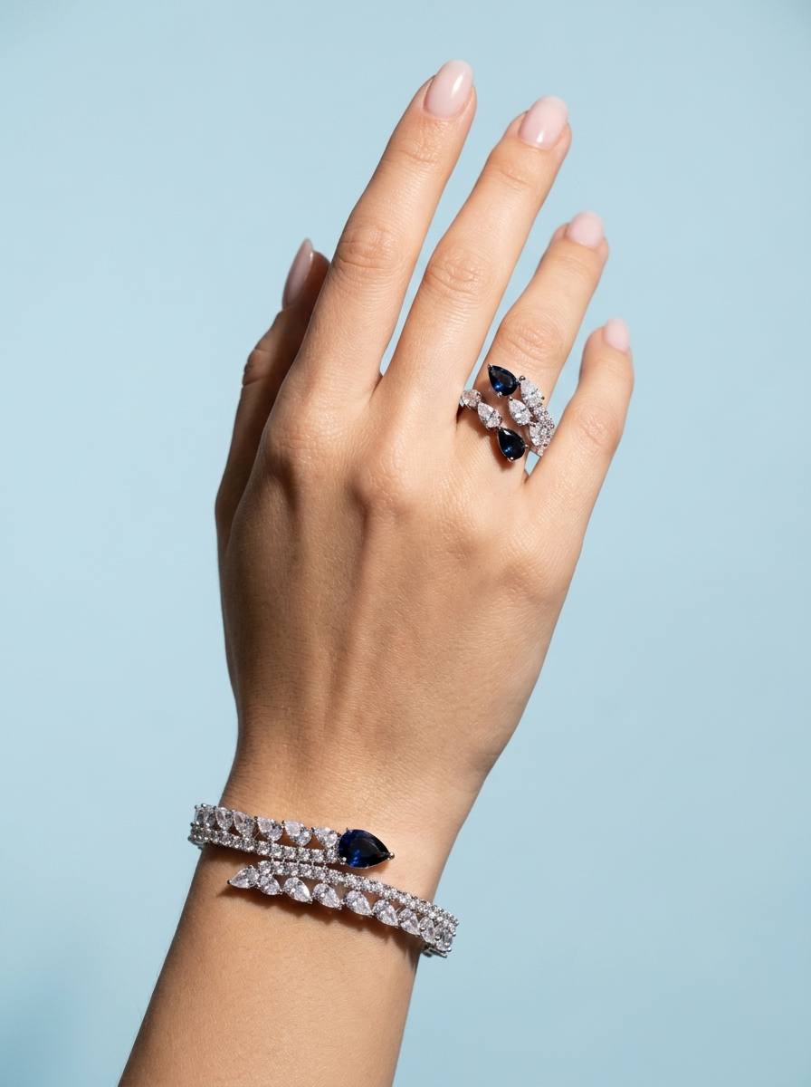 Catalina Elegant Blue Cascading Leaf Drop Bridal Full Set with High-Quality Premium Zircon Stones, Rhodium-Plated Finish