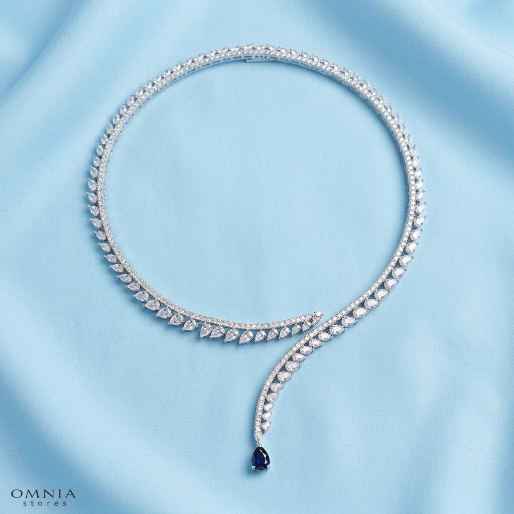Catalina Elegant Blue Cascading Leaf Drop Bridal Full Set with High-Quality Premium Zircon Stones, Rhodium-Plated Finish
