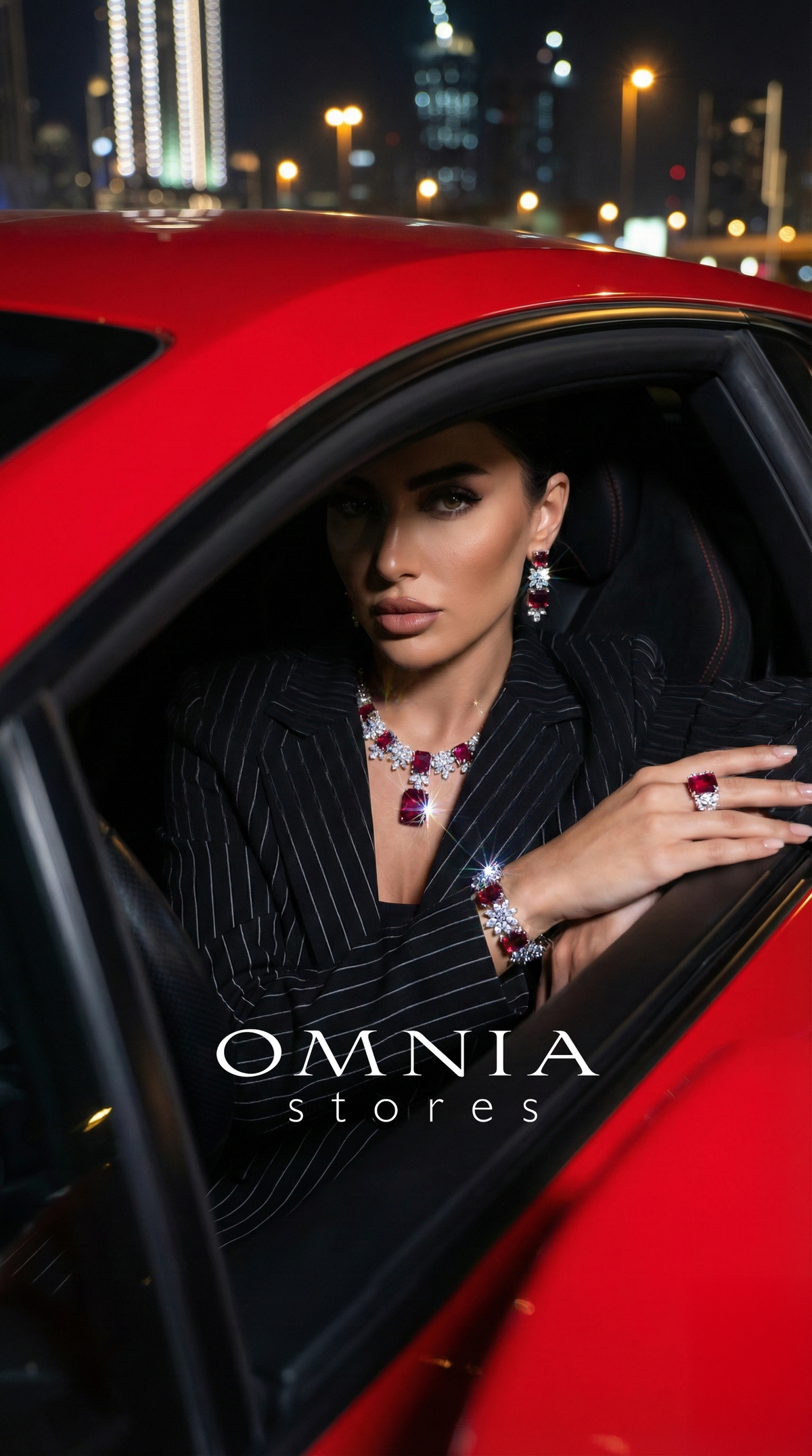 Omnia Charlene Red Bridal Full Set with Radiant and Pear-Cut High-Quality Simulated Diamonds Rhodium Plated - OMNIASTORES UAE