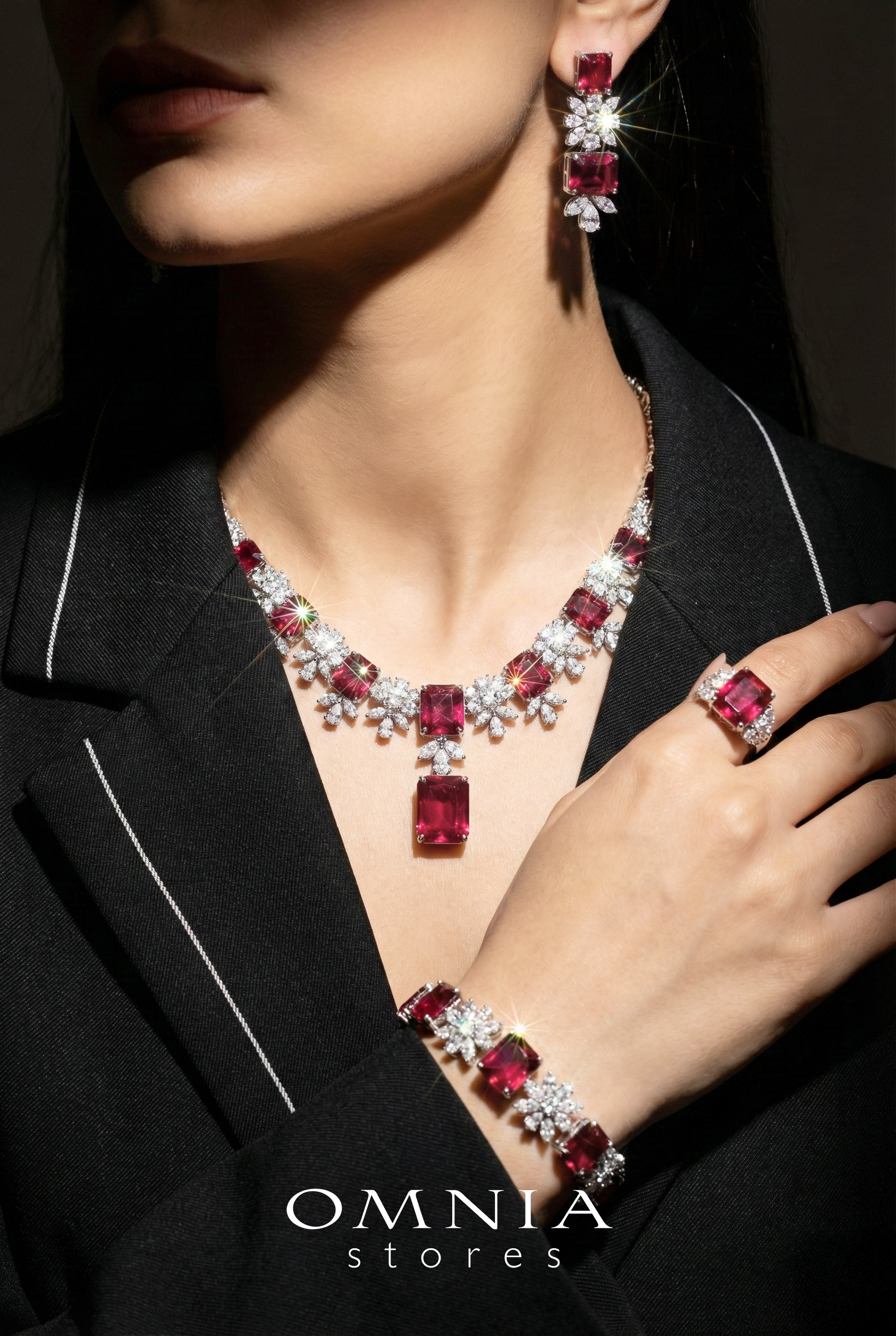 Omnia Charlene Red Bridal Full Set with Radiant and Pear-Cut High-Quality Simulated Diamonds Rhodium Plated - OMNIASTORES UAE