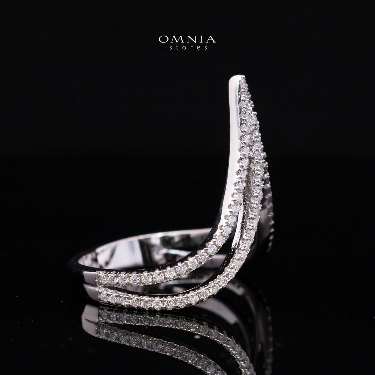 Qasida White Moissanite Triple-Layer Chevron Pavé Ring in 925 Sterling Silver
