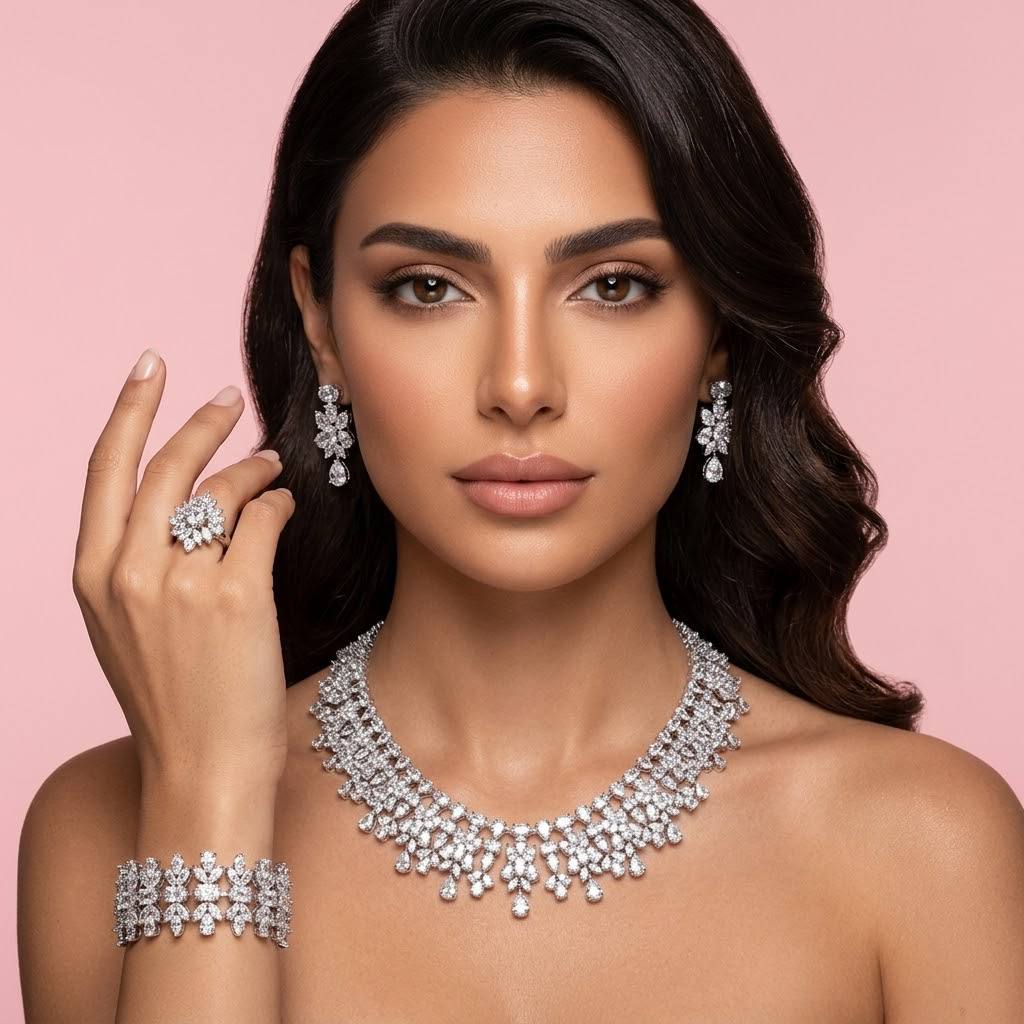 Omnia Dema White Luxury Bridal Full Set in High Quality Zircon Stone Rhodium Plated