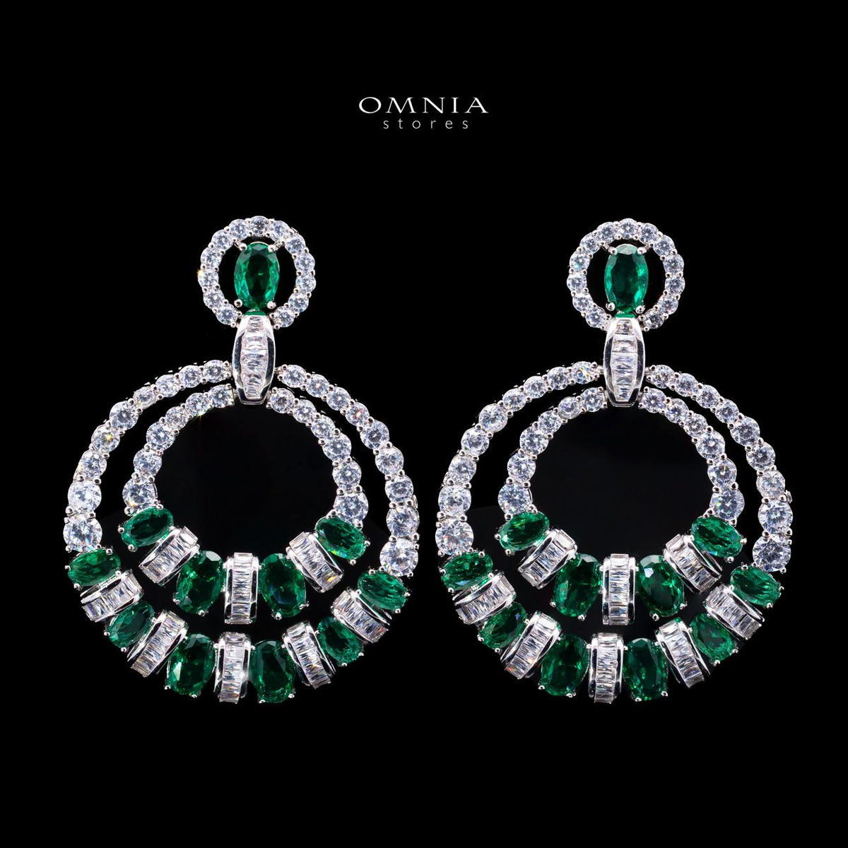 Selestine Green Long Chain Necklace and Earring Set with High-Quality Simulated Diamonds and Rhodium Plating