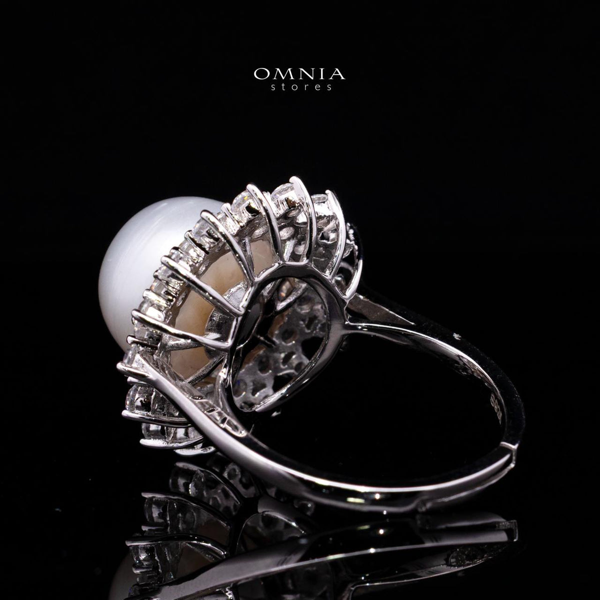 Tasneema Pearl Ring with High-Quality Premium Simulated Diamonds in 925 Sterling Silver